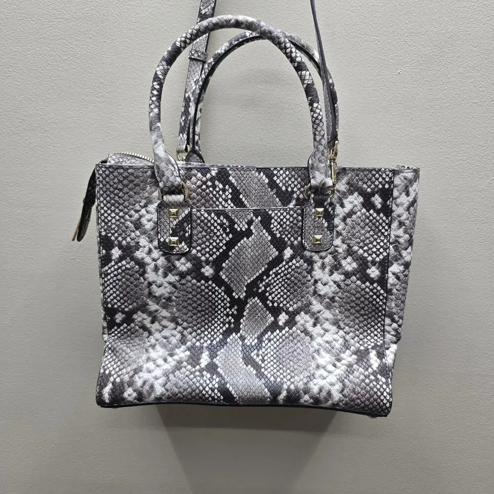 Michael Kors Studded Snake-Print Satchel Tote Bag Shoulder Crossbody Grey White